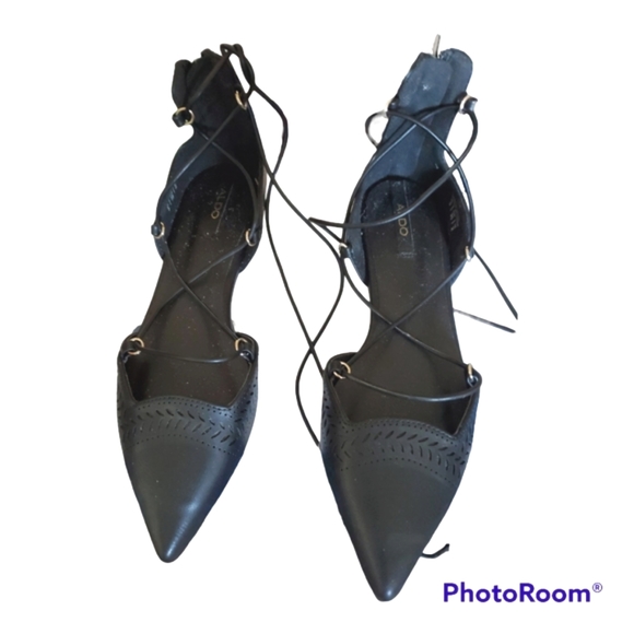 ALDO Pointed Toe Ballerina Ankle Wrap Black Flats - Size 5 / 35 - Picture 1 of 4